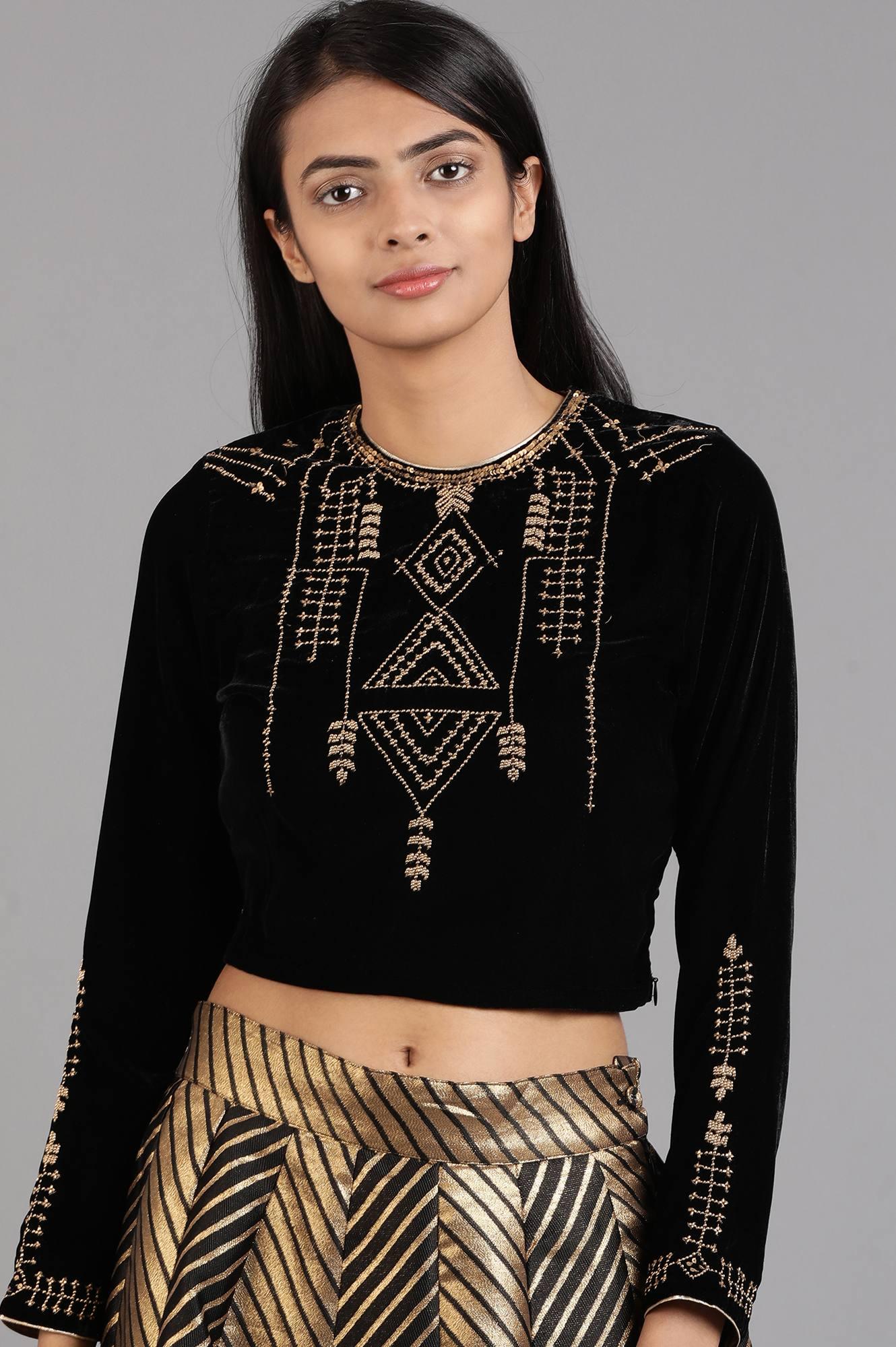 Black Round Neck Embellished Top - wforwoman