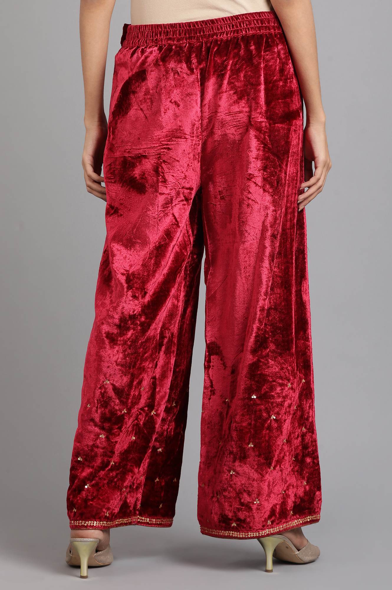 Red Solid Velvet Pants