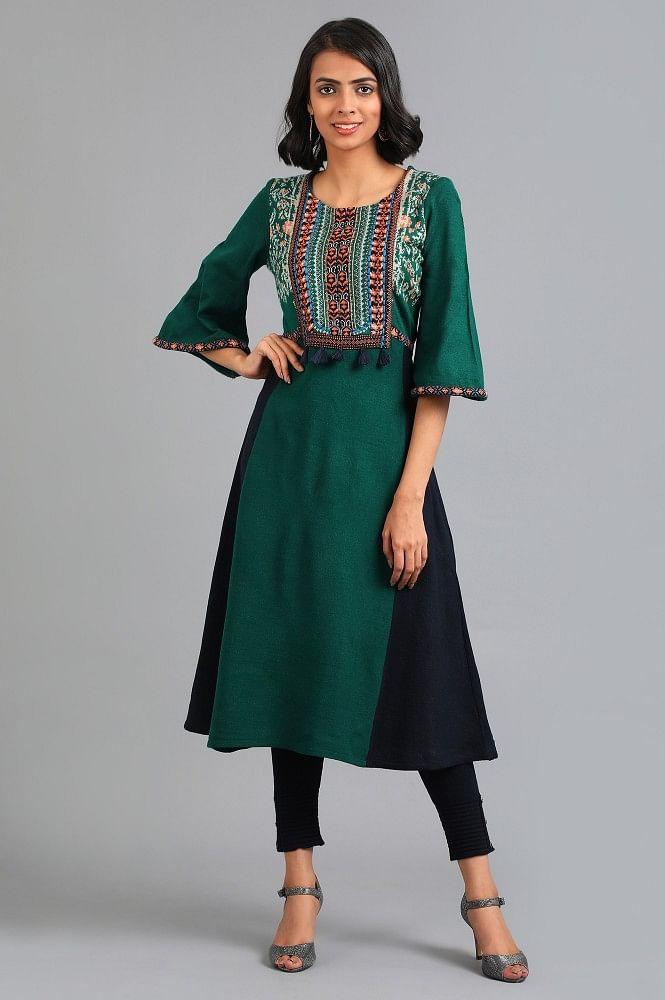 Green Round Neck Yarn-dyed Winter kurta - wforwoman