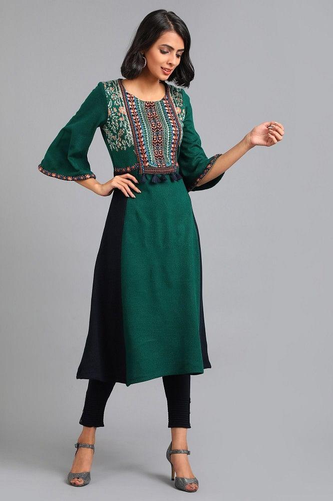 Green Round Neck Yarn-dyed Winter kurta - wforwoman