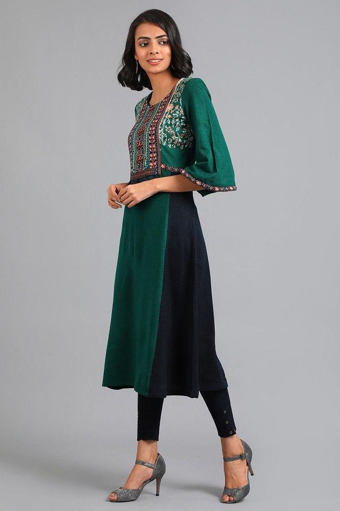 Green Round Neck Yarn-dyed Winter kurta - wforwoman