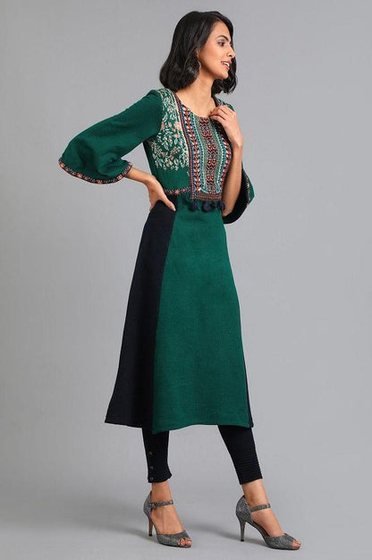 Green Round Neck Yarn-dyed Winter kurta - wforwoman