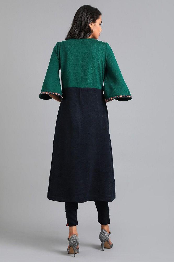 Green Round Neck Yarn-dyed Winter kurta - wforwoman