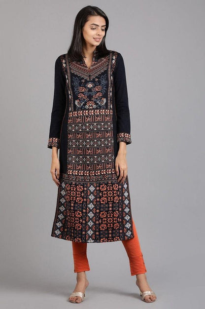 Blue Mandarin Neck Yarn-dyed Winter kurta - wforwoman