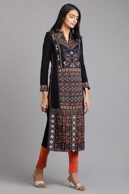 Blue Mandarin Neck Yarn-dyed Winter kurta - wforwoman