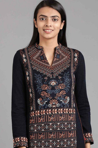 Blue Mandarin Neck Yarn-dyed Winter kurta - wforwoman