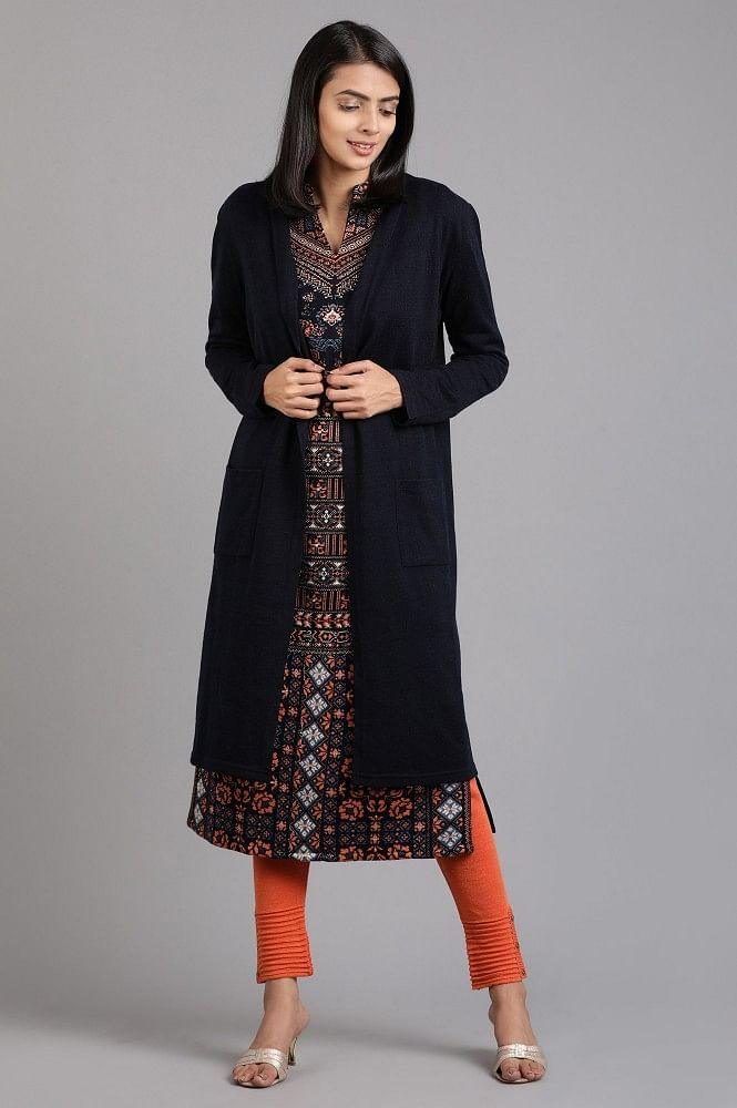 Blue Mandarin Neck Yarn-dyed Winter kurta - wforwoman