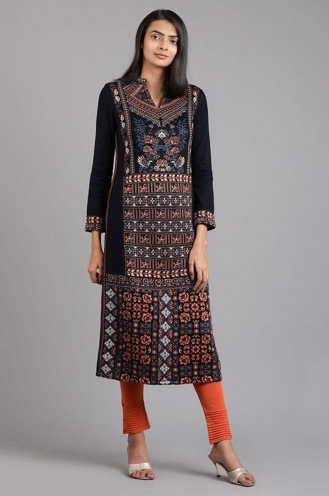 Blue Mandarin Neck Yarn-dyed Winter kurta - wforwoman