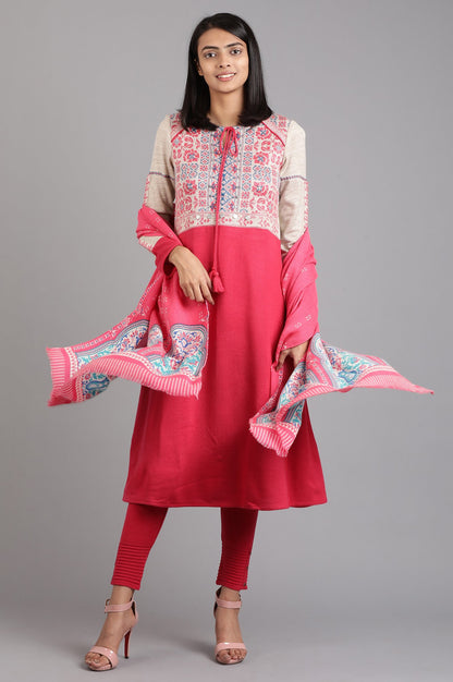 Pink Round Neck Solid Tie-Up Winter Kurta