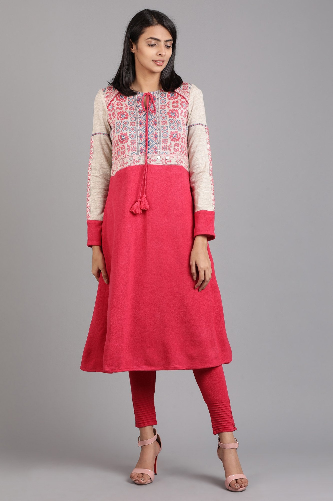 Pink Round Neck Solid Tie-Up Winter Kurta