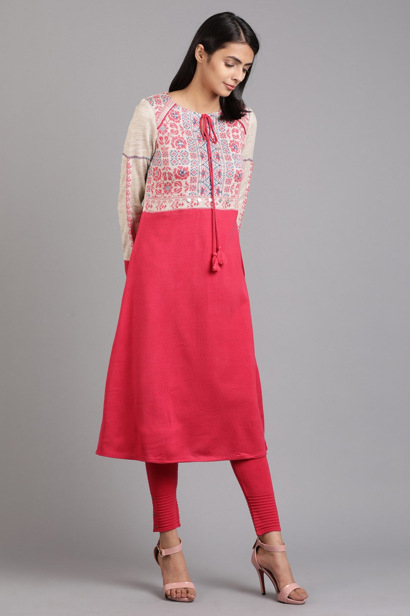 Pink Round Neck Solid Tie-Up Winter Kurta