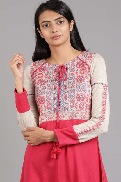 Pink Round Neck Solid Tie-Up Winter Kurta