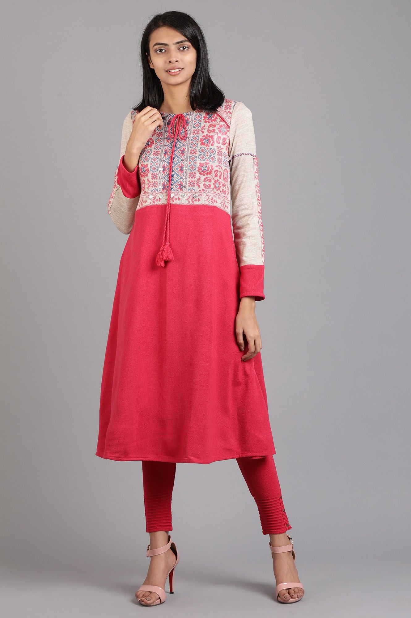 Pink Round Neck Solid Tie-Up Winter Kurta