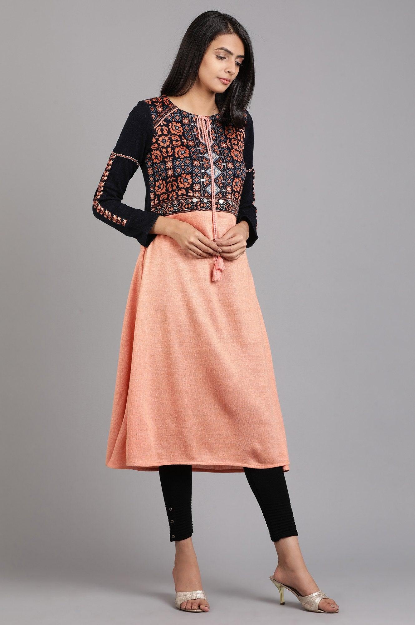 Orange Round Neck Solid Winter kurta - wforwoman