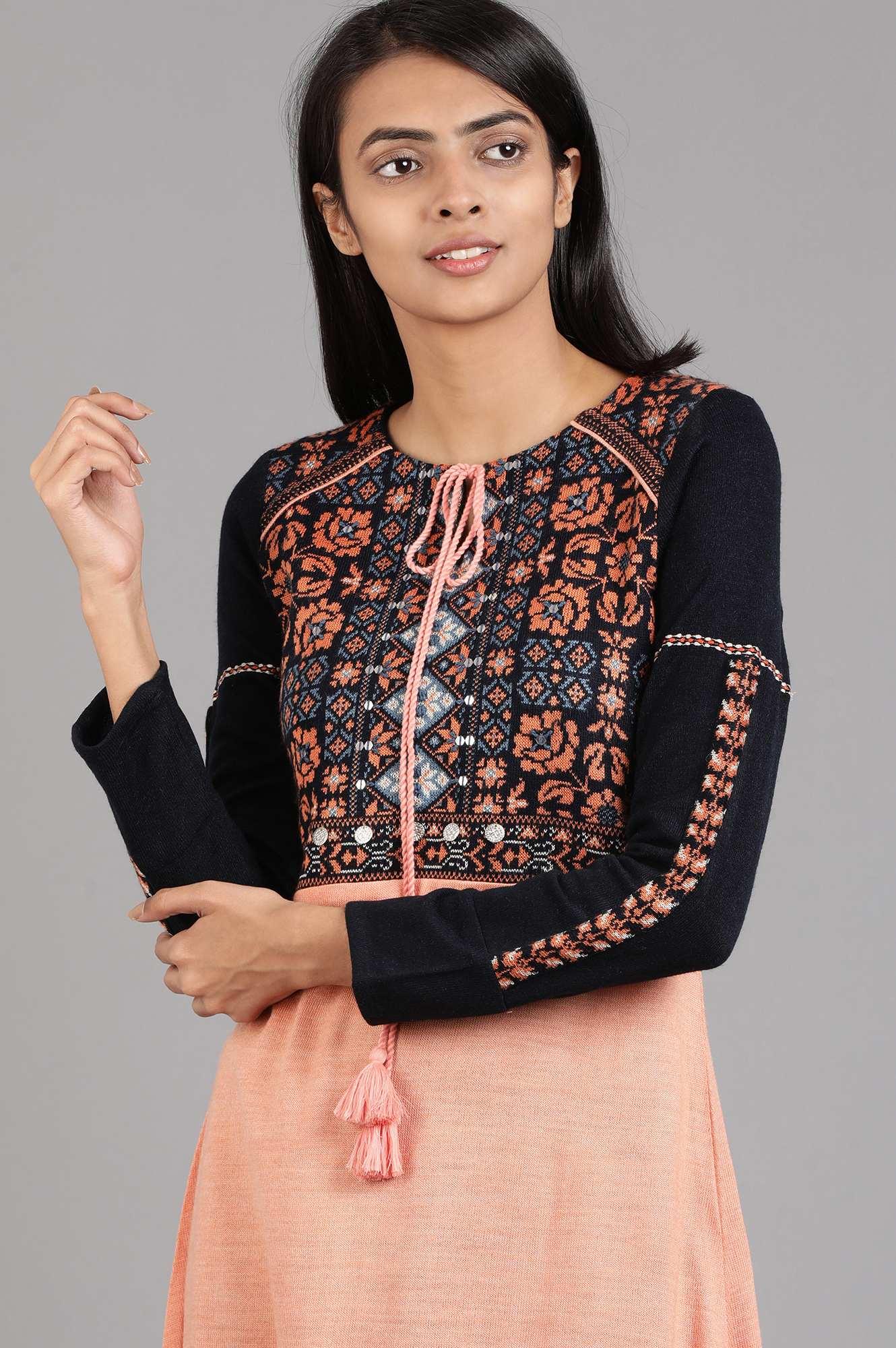 Orange Round Neck Solid Winter kurta - wforwoman