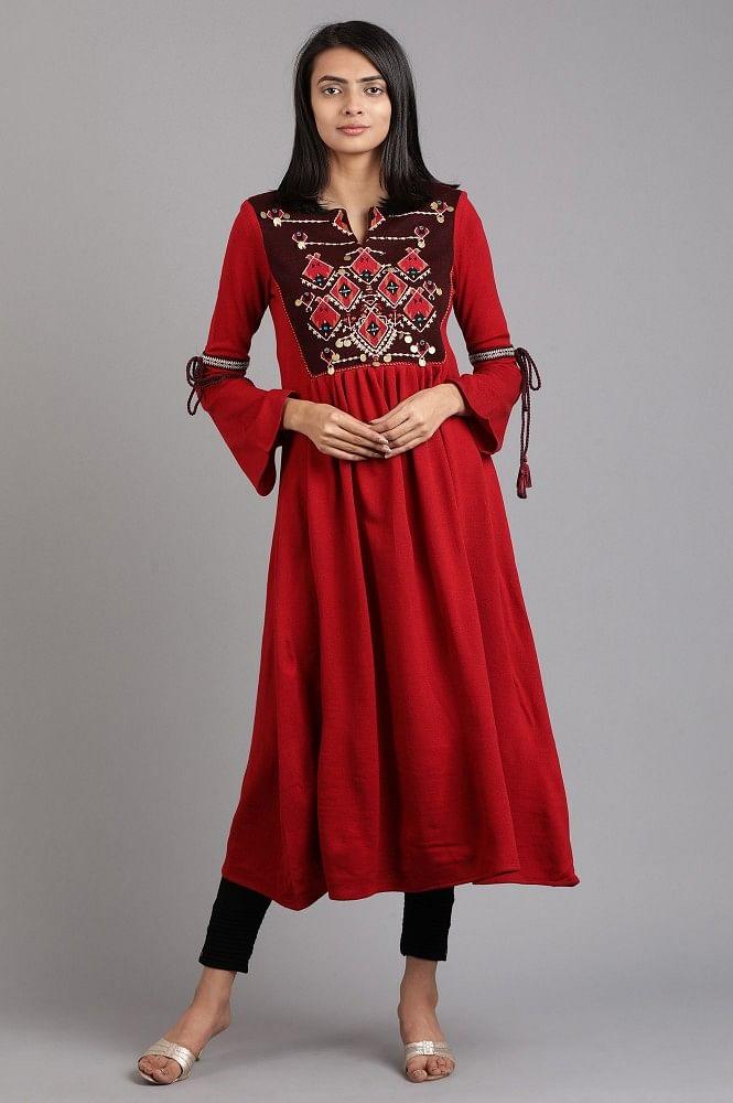 Red Round Neck Solid Winter kurta - wforwoman