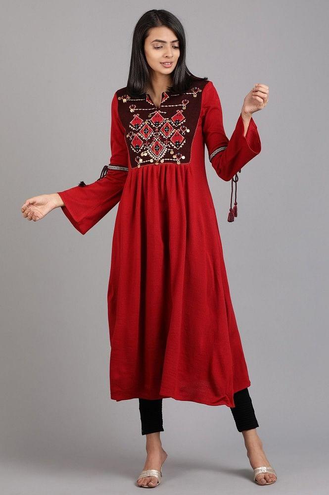 Red Round Neck Solid Winter kurta - wforwoman