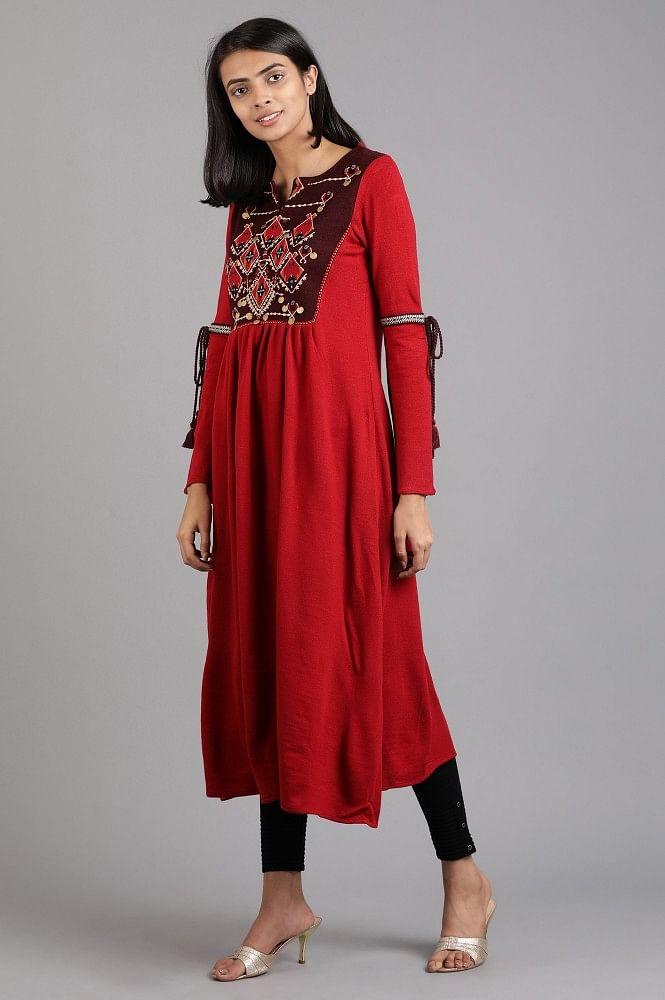 Red Round Neck Solid Winter kurta - wforwoman