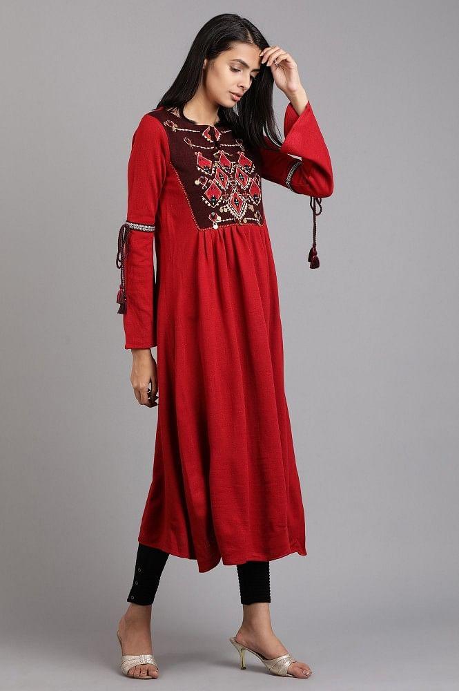 Red Round Neck Solid Winter kurta - wforwoman