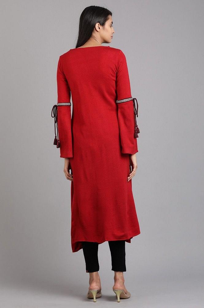 Red Round Neck Solid Winter kurta - wforwoman