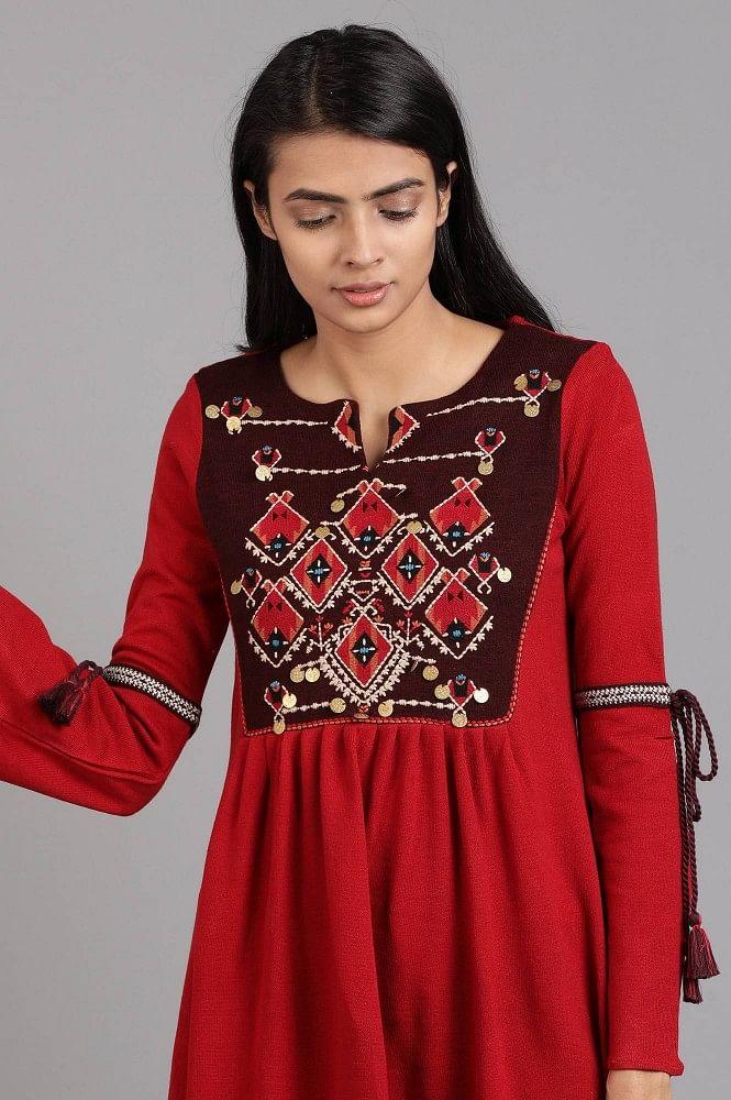 Red Round Neck Solid Winter kurta - wforwoman