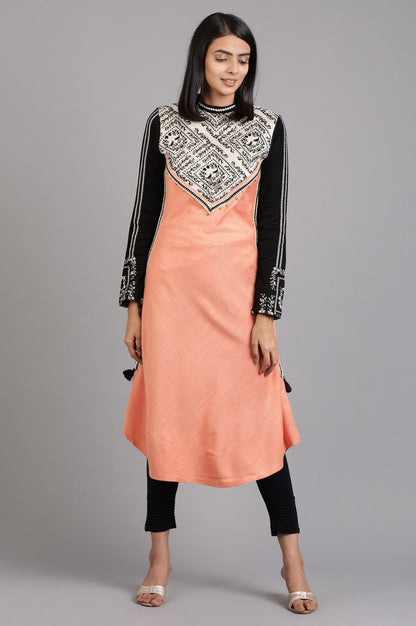 Orange Mandarin Neck Solid Winter Kurta