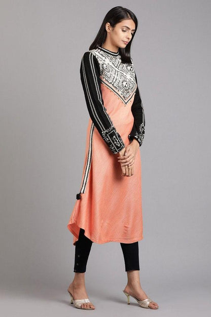 Orange Mandarin Neck Solid Winter kurta - wforwoman