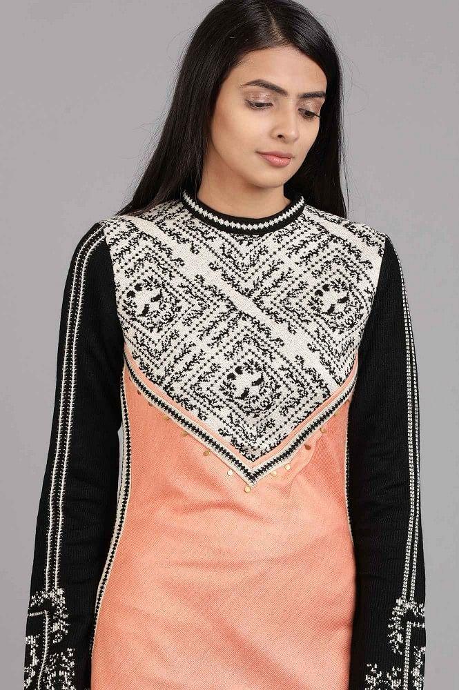 Orange Mandarin Neck Solid Winter kurta - wforwoman