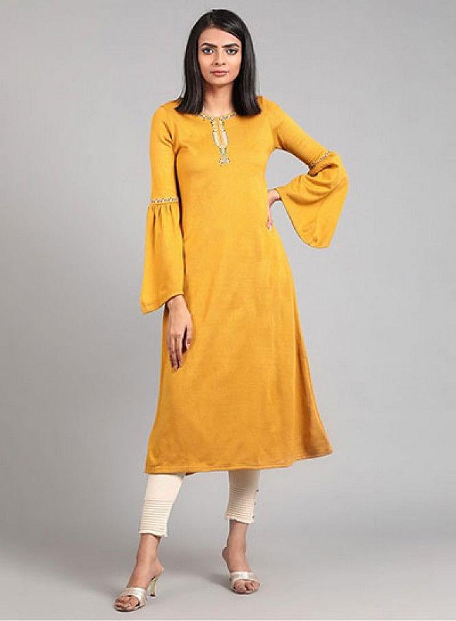 Yellow Round Neck Winter kurta - wforwoman