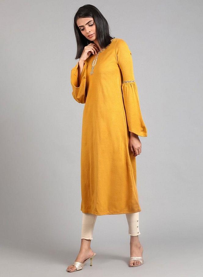 Yellow Round Neck Winter kurta - wforwoman