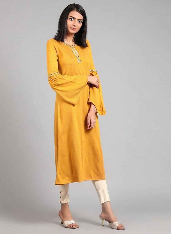 Yellow Round Neck Winter kurta - wforwoman