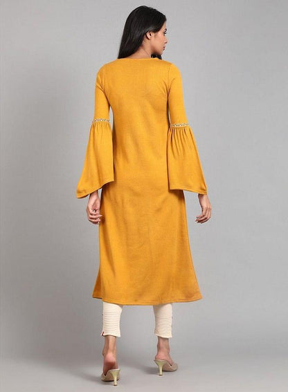 Yellow Round Neck Winter kurta - wforwoman