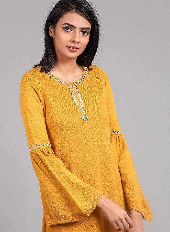 Yellow Round Neck Winter kurta - wforwoman