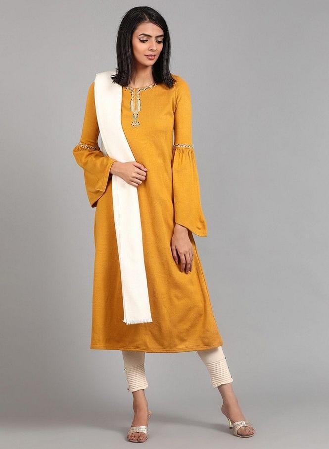 Yellow Round Neck Winter kurta - wforwoman