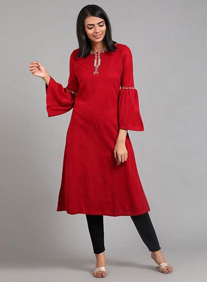 Red Round Neck Winter kurta - wforwoman