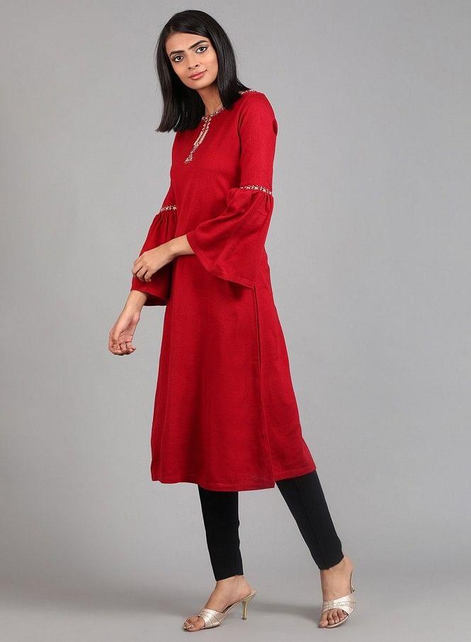 Red Round Neck Winter kurta - wforwoman