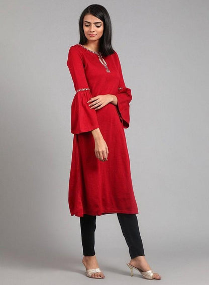 Red Round Neck Winter kurta - wforwoman