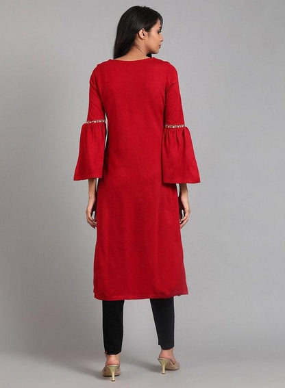 Red Round Neck Winter kurta - wforwoman