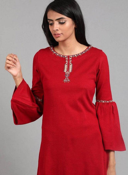 Red Round Neck Winter kurta - wforwoman