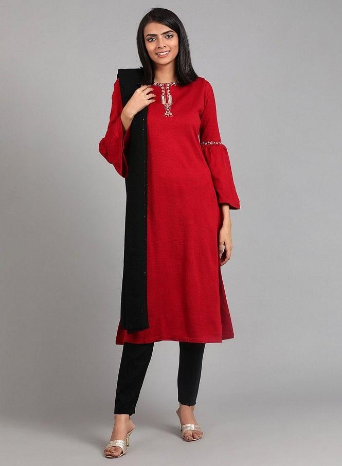 Red Round Neck Winter kurta - wforwoman