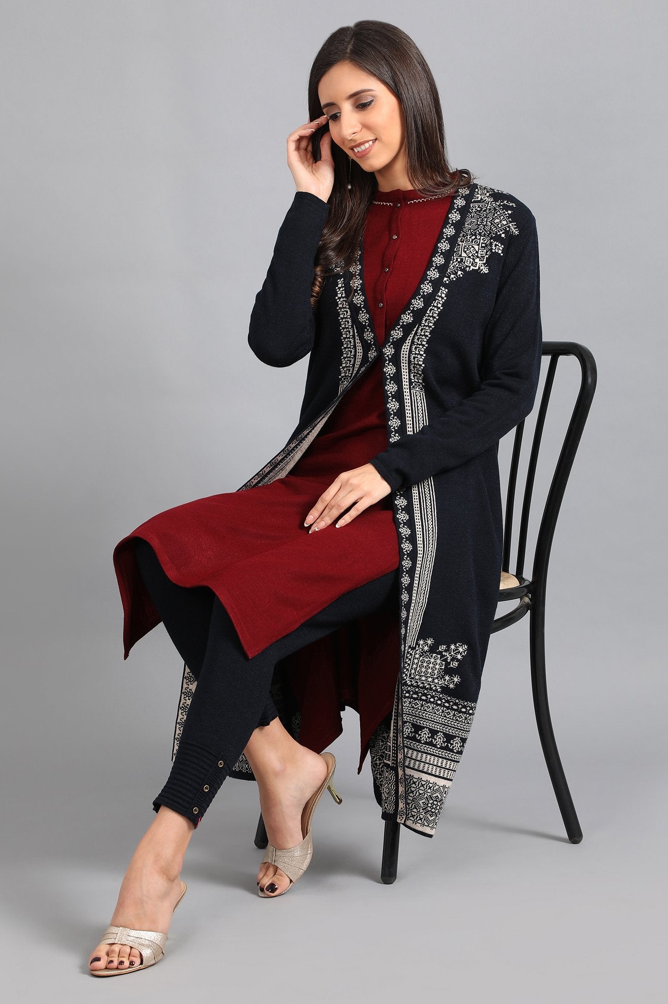 Red Mandarin Neck Solid Winter Kurta