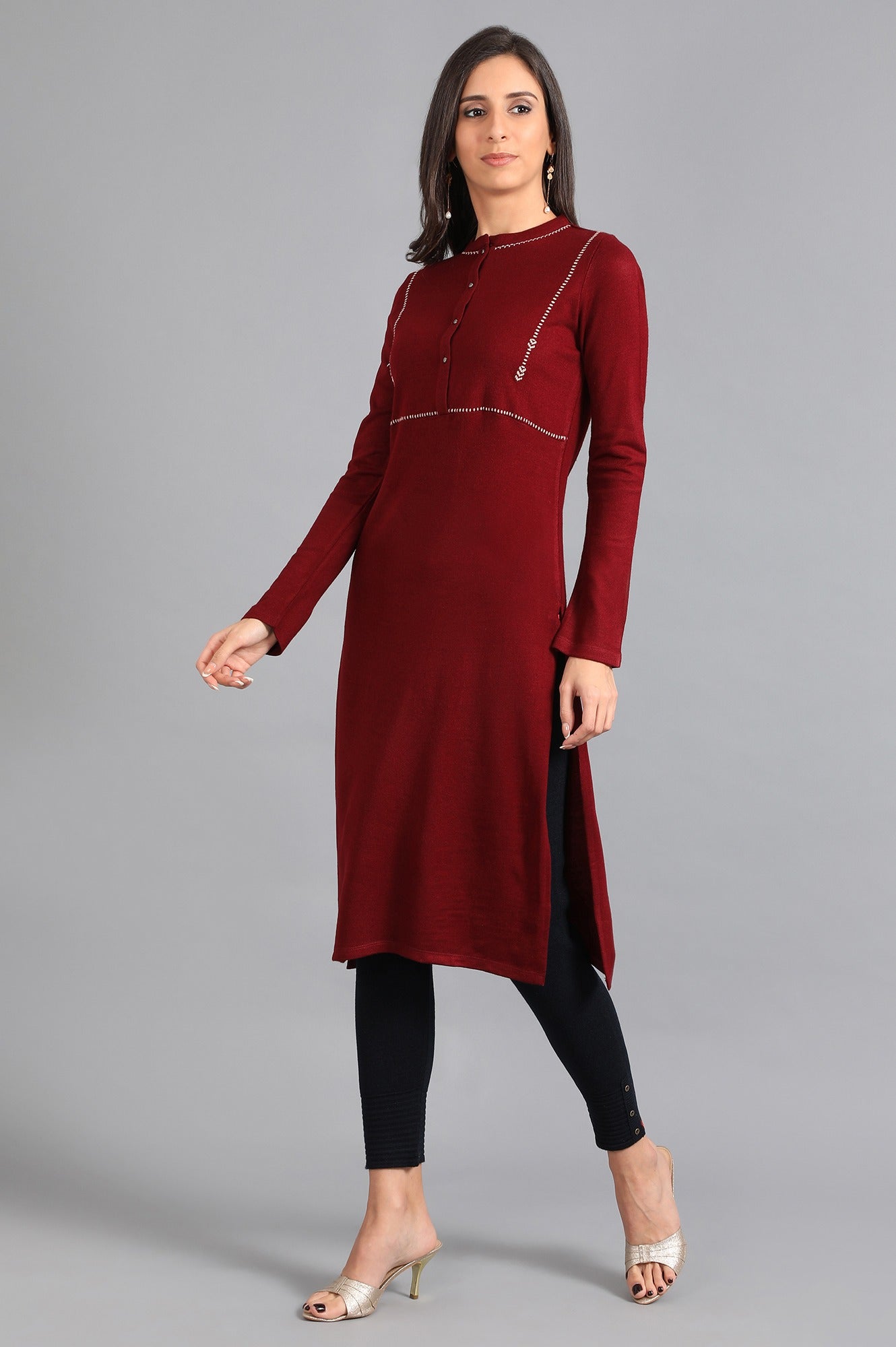 Red Mandarin Neck Solid Winter Kurta