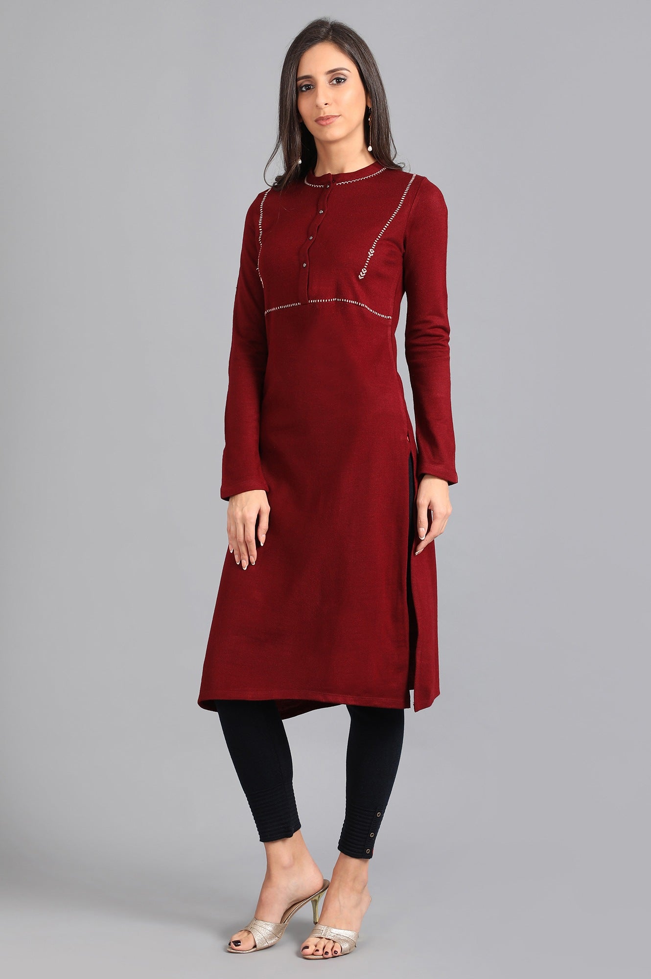 Red Mandarin Neck Solid Winter Kurta