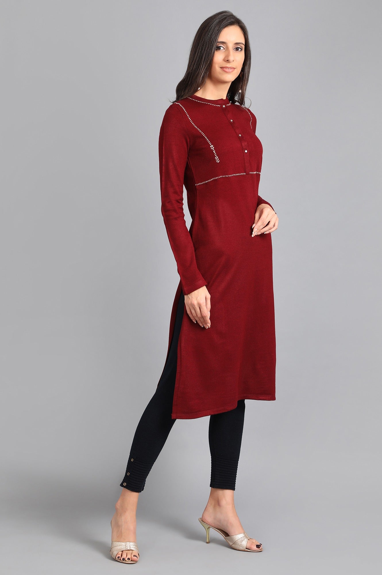 Red Mandarin Neck Solid Winter Kurta