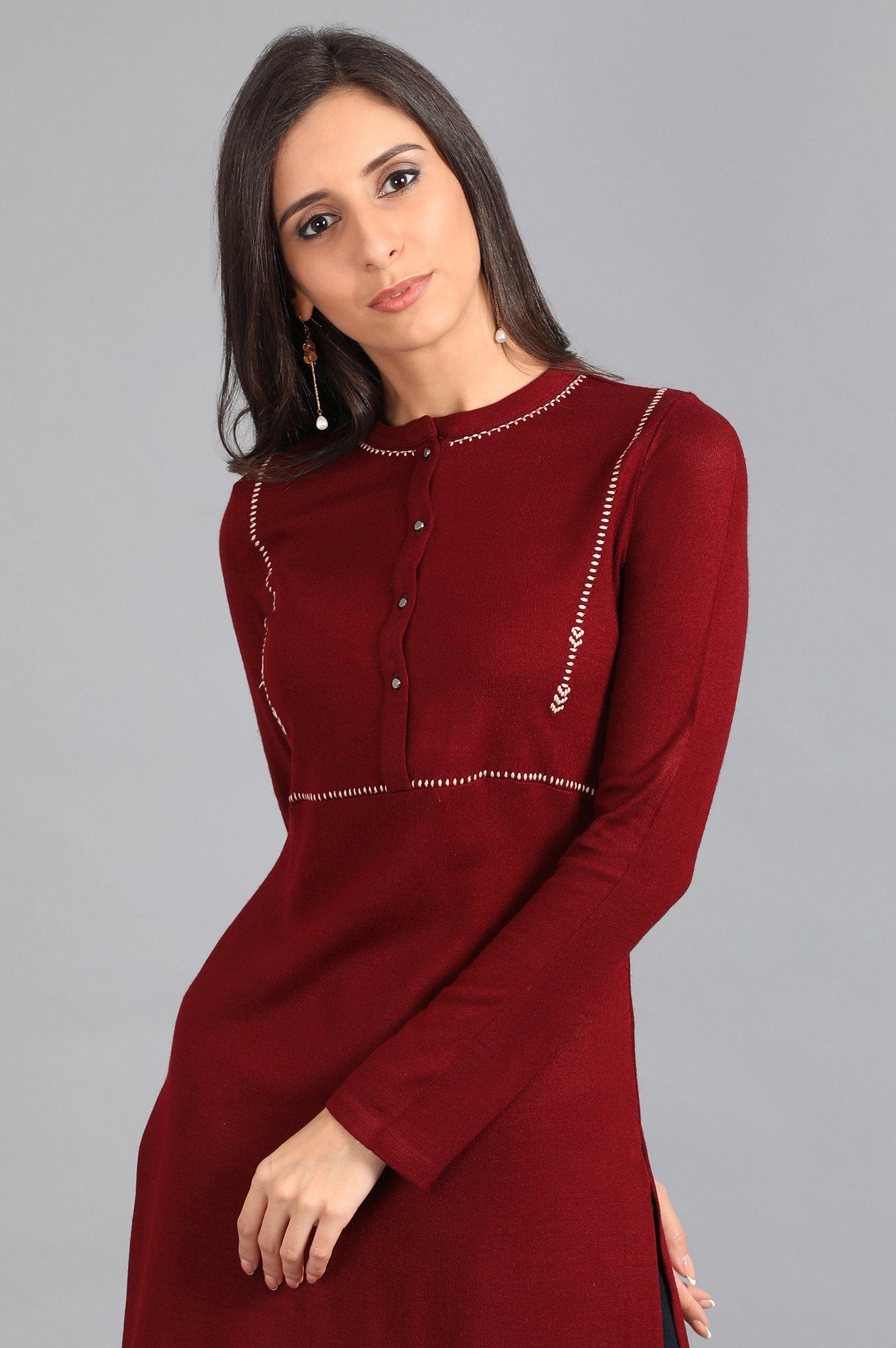 Red Mandarin Neck Solid Winter Kurta