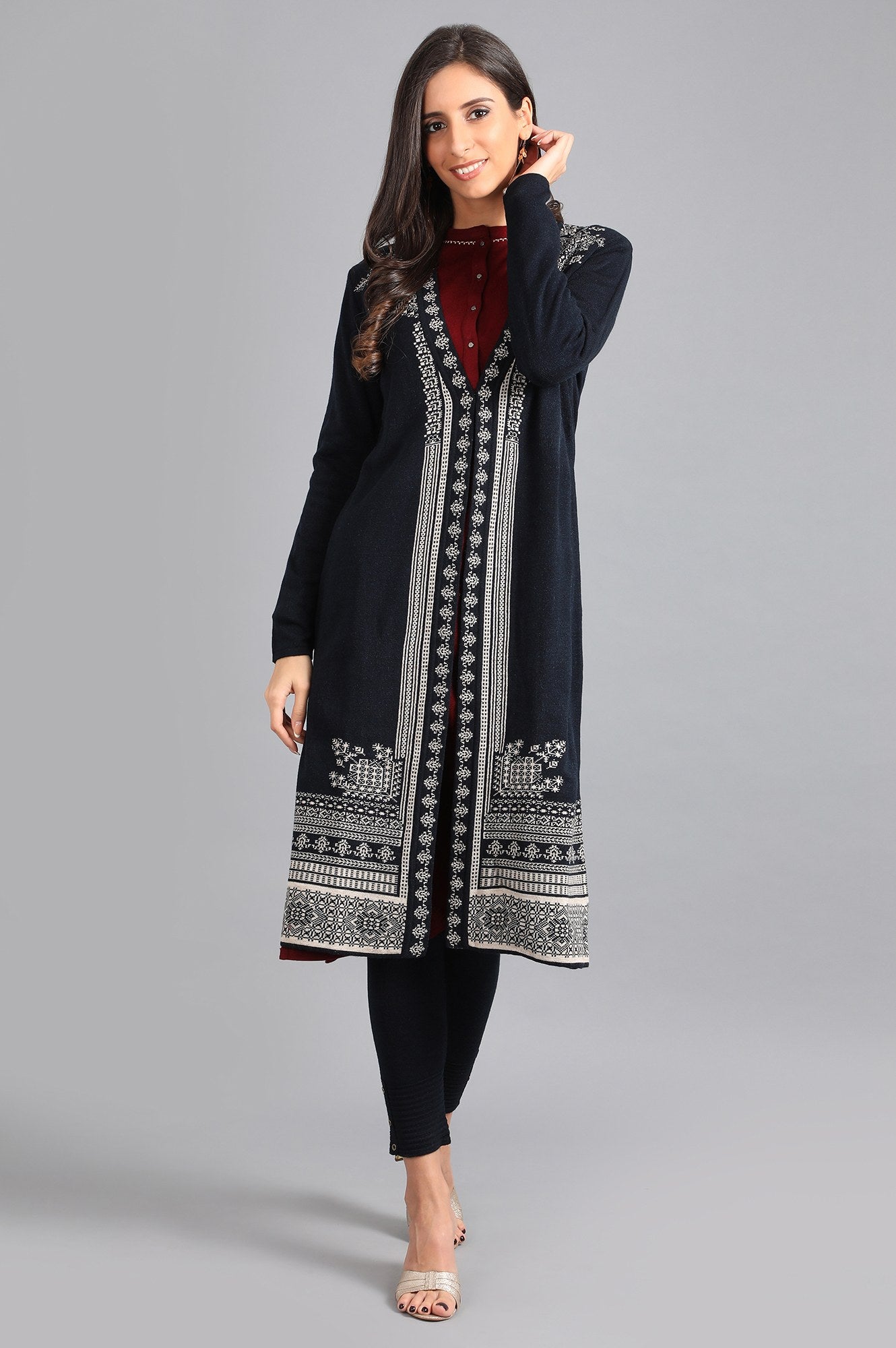 Red Mandarin Neck Solid Winter Kurta