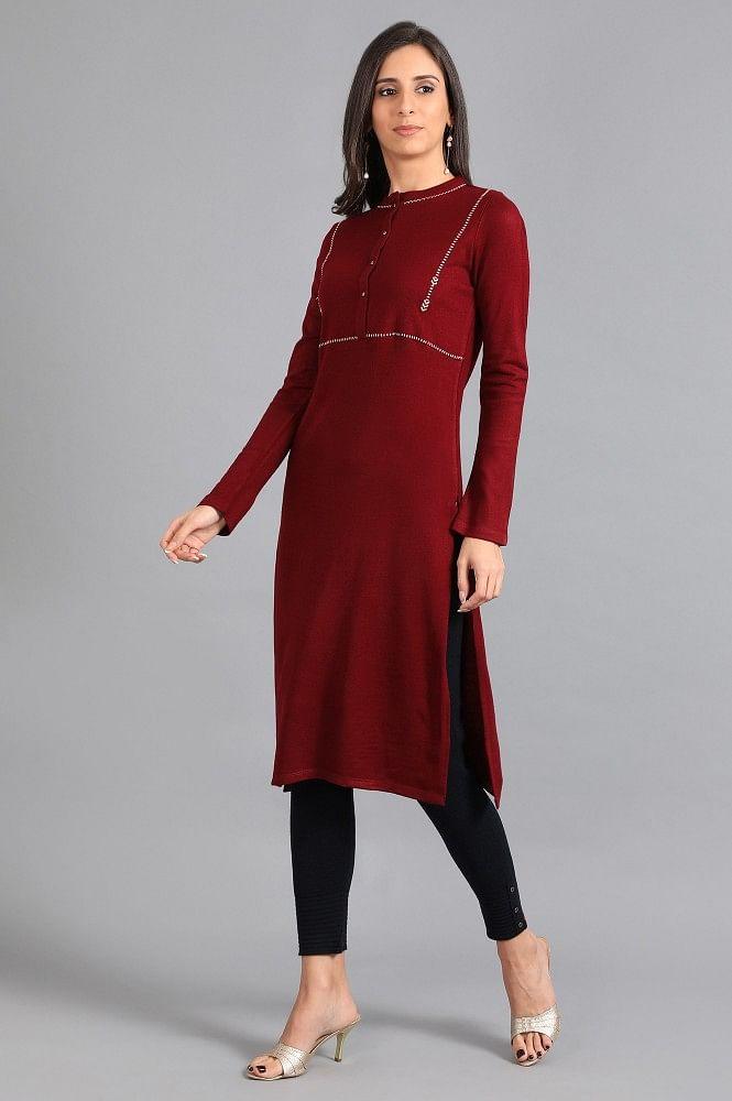 Red Mandarin Neck Solid Winter kurta - wforwoman