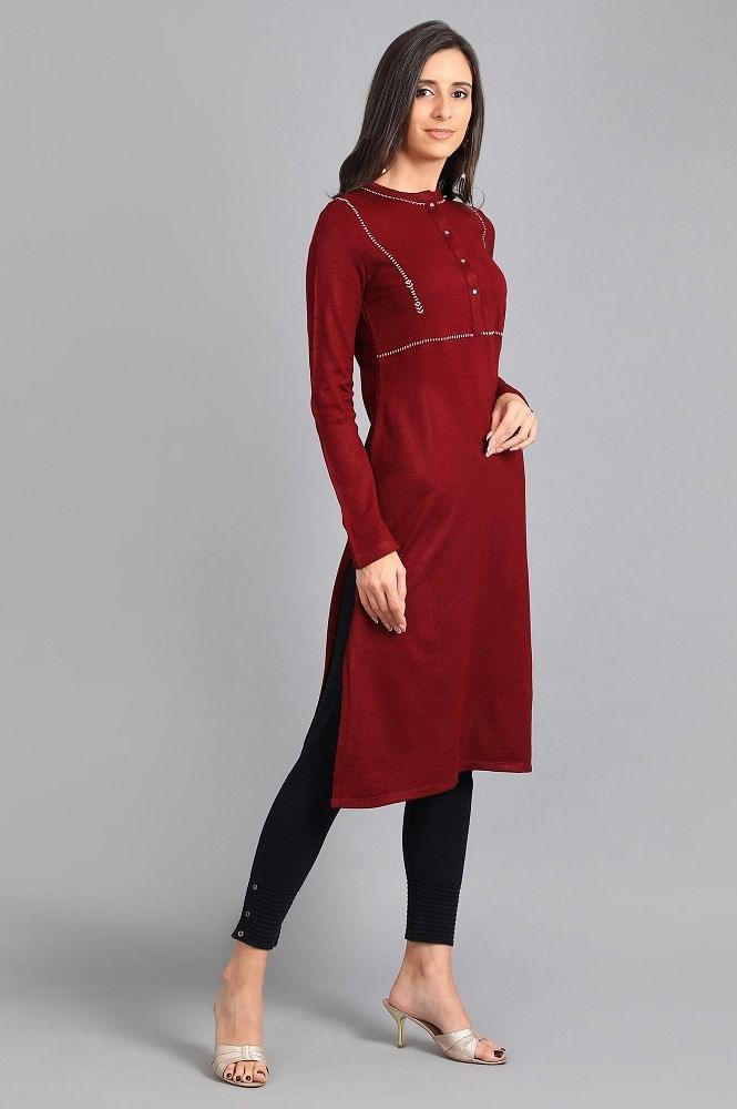 Red Mandarin Neck Solid Winter kurta - wforwoman