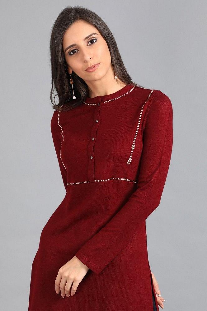 Red Mandarin Neck Solid Winter kurta - wforwoman