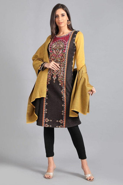 Yellow Round Neck Yarn-dyed Winter kurta - wforwoman